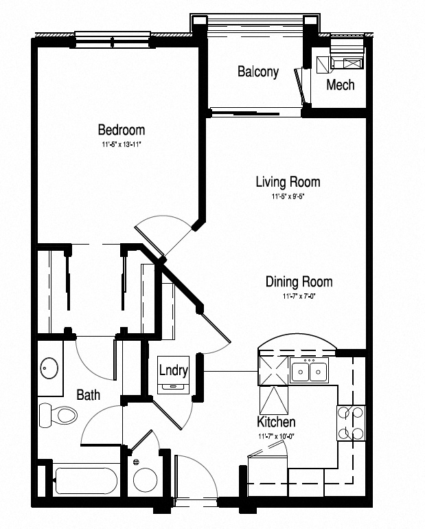 Floor plan for 1 bed, 1 bath, 768 sqft